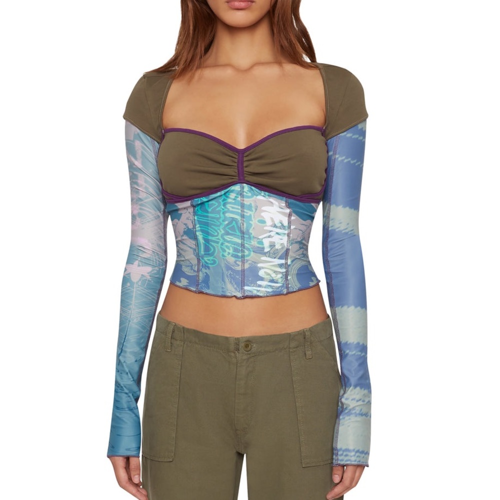 Guizio Multi Layered Bustier Print Long Sleeve Top Size L Large